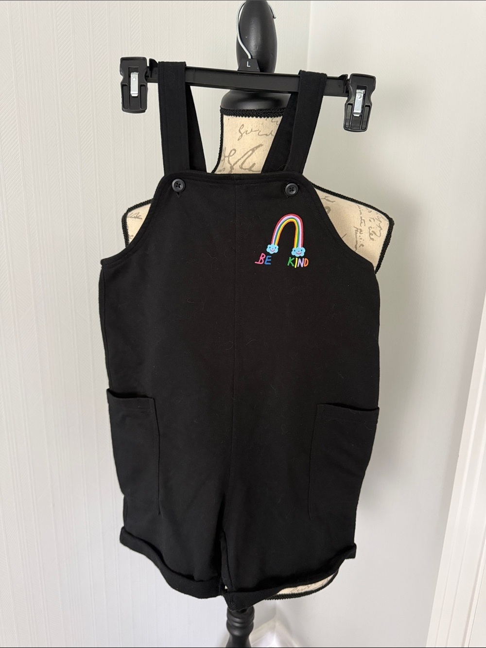 Kids Black Short Overalls with Rainbow "Be Kind" Size 6/7